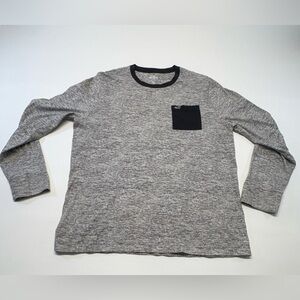 Hollister Men's Heather Grey Long Sleeve Crew with Black Pocket & Neck Trim